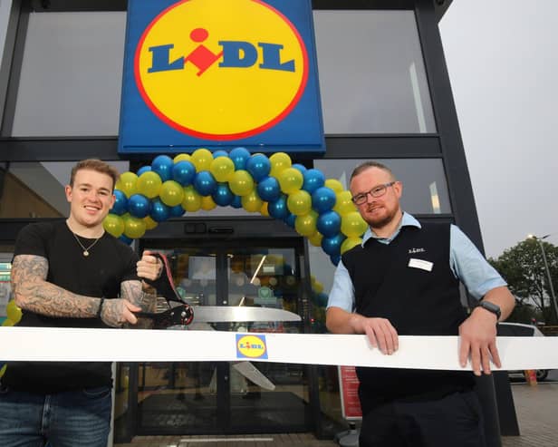 Eoghan Quigg. X Factor sensation and local celebrity and Niall Harrigan, Lidl Northern Ireland Buncrana Road Store Manager