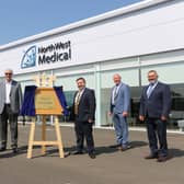 Pictured at the official opening of NorthWest Medical’s manufacturing facility in Campsie are Desmond Reid, NorthWest Medical, Linda O’Hare, BSO, Sam Condit, NorthWest Medical, Health Minister Robin Swann, Gavin Killeen, NorthWest Medical and Ciaran Doherty, NorthWest Medical