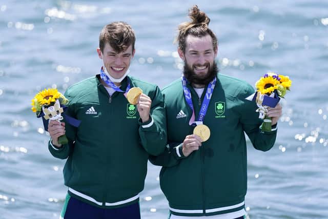 Ireland's Fintan McCarthy and Paul O'Donovan, gold, on the podium for the Lightweight Men's Double Sculls at Sea Forest Waterway on the sixth day of the Tokyo 2020 Olympic Games in Japan. Picture date: Thursday July 29, 2021.