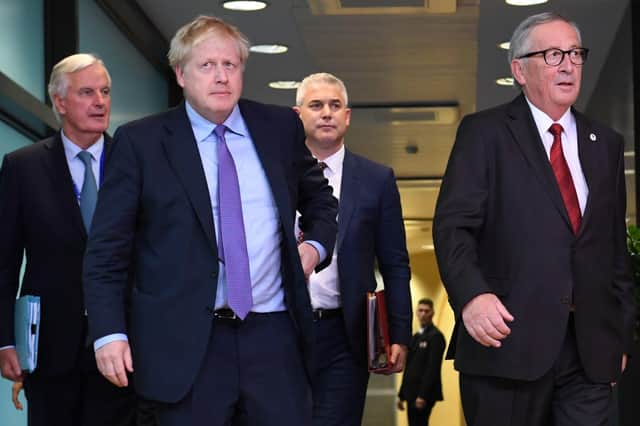 Michel Barnier, EU Brexit Negotiator, Boris Johnson, Brexit Secretary Stephen Barclay and Jean-Claude Juncker, EC President,, in Brussels on October 17, 2019, just after the NI Protocol was agreed. It was so complicated that it is clear that few people in the UK government fully understood its implications