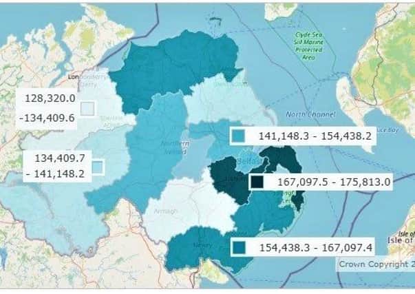 A map from NISRA of NI’s council areas, showing the ‘standardised price’ of homes in Q1, 2021 (akin to an average) with darker being more expensive