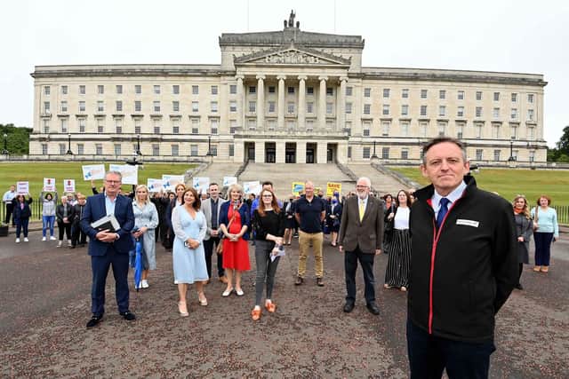 Damian Murphy (front right), Chair of the Association of Northern Ireland Travel Agents (ANITA), and representatives from across the Northern Ireland travel trade - including travel agents, airlines, ferries and hospitality -  met with local MLAs including (L-R) Mike Nesbitt (UUP), Sinead McLaughlin (SDLP), Caoimhe Archibald (Sinn Fein) and Stewart Dickson (Alliance) at Stormont last month to lobby for payment of  backdated financial support and the reopening of international travel.