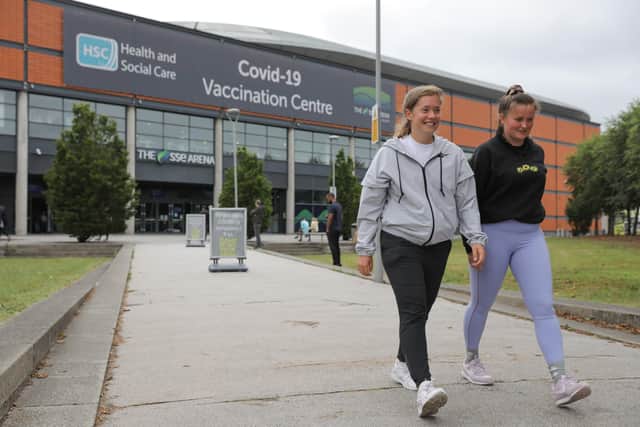 Rosie Hazell and Sophie Charlton at the SSE Arena, Covid-19 Vaccine Centre on Saturday. 

From today, regional vaccination centres will primarily only administer second dose jabs.

Picture: Philip Magowan / Press Eye