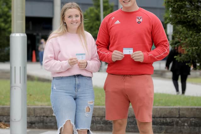 Lucy McCormick and Andrew Walker after receiving their vaccines at the SSE Arena on Saturday