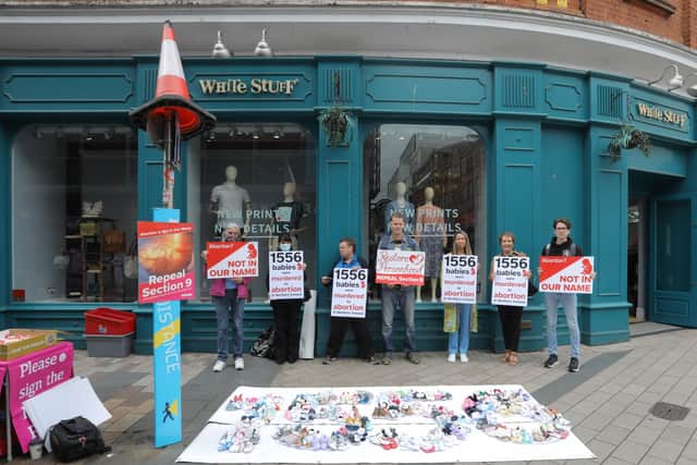 An anti-abortion protest takes place at the Castle Lane / Cornmarket area of Belfast on Saturday.
Picture: Philip Magowan / Press Eye