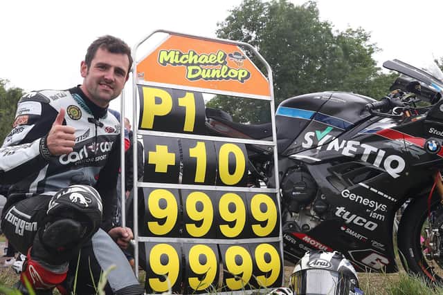 Michael Dunlop celebrates his ninth 'Race of Legends' victory at the Armoy Road Races in Co Antrim on Saturday.