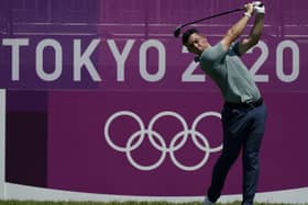 Rory McIlroy tees off during his final round of the Olympic golf tournament yesterday