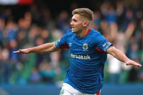 Linfield's Billy Chadwick celebrates his goal.  Photo by David Maginnis/Pacemaker Press