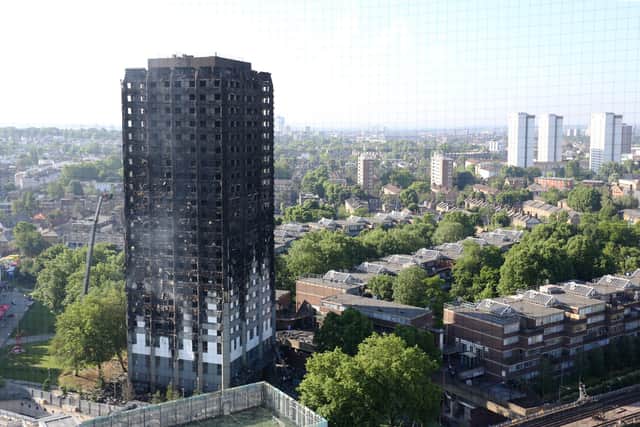 The aftermath of the Grenfell fire disaster of 2017, when a fire that started on the fourth floor spread rapidly up the outside of the building