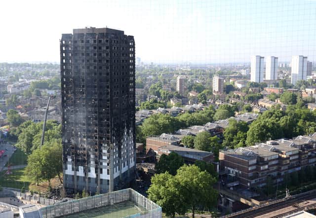 The aftermath of the Grenfell fire disaster of 2017, when a fire that started on the fourth floor spread rapidly up the outside of the building