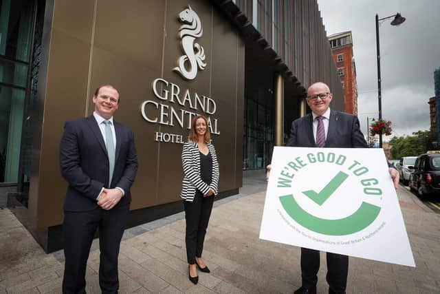 Economy Minister Gordon Lyons, Cathy McCormick, Tourism NI and Stephen Meldrum, General Manger Grand Central