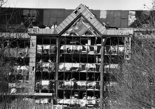 A bomb-damaged building at Canary Wharf in London's Docklands after the explosion of an IRA bomb that signalled the end of the ceasefire, 15th February 1996. (Photo by Steve Eason/Hulton Archive/Getty Images)