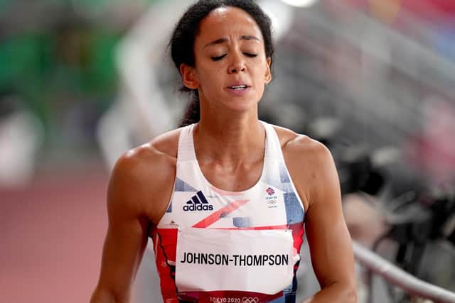 Great Britain's Katarina Johnson-Thompson reacts after picking up an injury in the 200m segment of the Women's Heptathlon