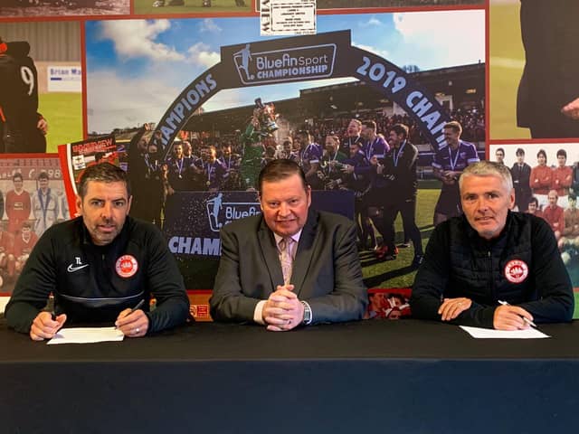 Larne chairman Gareth Clements pictured with First Team Manager Tiernan Lynch and Assistant Manager Seamus Lynch. PICTURE BY LARNE FC