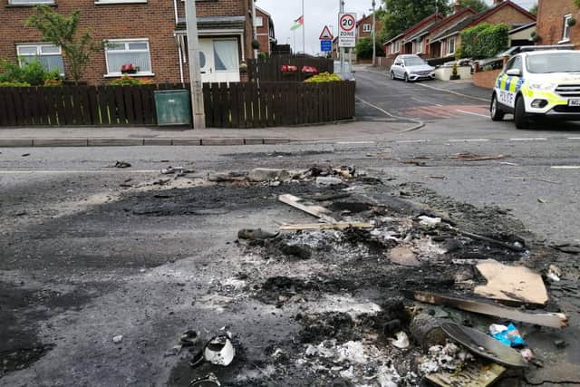 PSNI picture of the aftermath of last year's disorder on the Ballygawley Road, Dungannon.