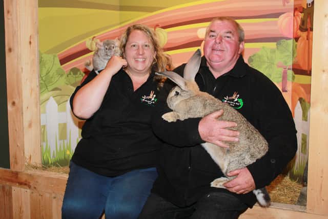 Harry and Mary McGaffin of Blackberry Hill Open Farm with Summer the giant rabbit and one of the chinchillas