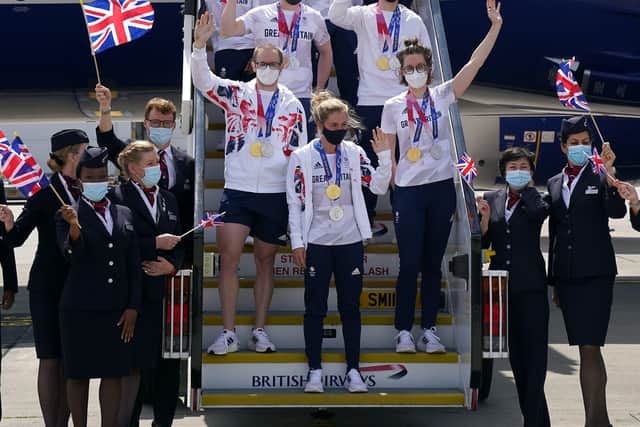 Athletes from Team GB arrive home including Jason Kenny, Laura Kenny and Katie Archibald (front left-right) at Heathrow after the Tokyo 2020 Olympics. Photo: Steve Parsons/PA Wire