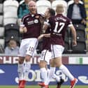 Hearts' Liam Boyce celebrates with Andy Halliday.