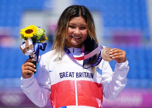 Great Britain's Sky Brown celebrates winning the bronze medal during the Women's Park Final at Ariake Sports Park on the twelfth day of the Tokyo 2020 Olympic Games in Japan. Issue date: Sunday August 8, 2021.