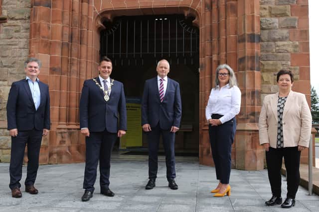 Londonderry Chamber CEO Paul Clancy; Derry City and Strabane District Council Mayor Ald Graham Warke; Special Envoy to the United States on Northern Ireland Trevor Ringland MBE, Derry City and Strabane District Council Investment Manager Rosalind Young and Londonderry Chamber President Dawn McLaughlin