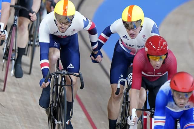 Great Britain's Matt Walls (left) and Ethan Hayter in action during the madison. Or was it the keirin? Or maybe it was the omnium