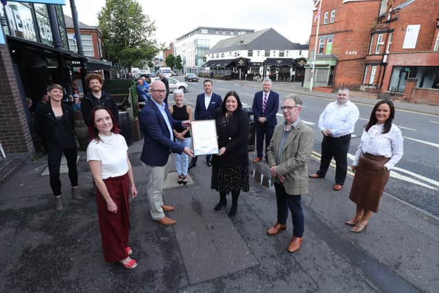Representatives from Ormeau Road Business Association with Glyn Roberts, Retail NI CEO, Communities Minister Deirdre Hargey MLA, Gary McDonald, Irish News Business Editor, Aisling Press, Managing Director of Personal Banking at Danske Bank