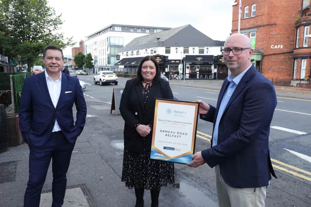 Glyn Roberts, Retail NI CEO, Communities Minister Deirdre Hargey MLA, Chris O’Reilly, Representative of Ormeau Road Business Association and Retail Director at Mace and Centra, Ormeau Road
