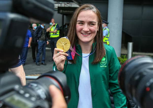 Kellie Harrington talks to the media at Dublin Airport, as the last of the Irish Olympic athletes returned from Tokyo on Tuesday.
