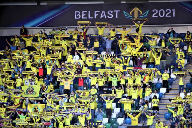 Press Eye - Belfast, Northern Ireland - 11th August 2021 - Photo by William Cherry/Presseye

Villarreal fans during Wednesday nights UEFA Super Cup final against Chelsea at the National Stadium at Windsor Park, Belfast.     Photo by William Cherry / Presseye