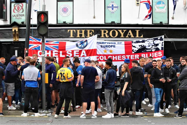 Press Eye - Belfast - 11th August 2021

Chelsea supporters at the Royal bar on Sandy Row ahead of tonights Super Cup match at the National Football Stadium at Windsor Park.

Photograph by Declan Roughan / Press Eye