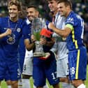 Chelsea goalkeeper Kepa celebrates with Marcos Alonso, Mateo Kovacic and César Azpilicueta