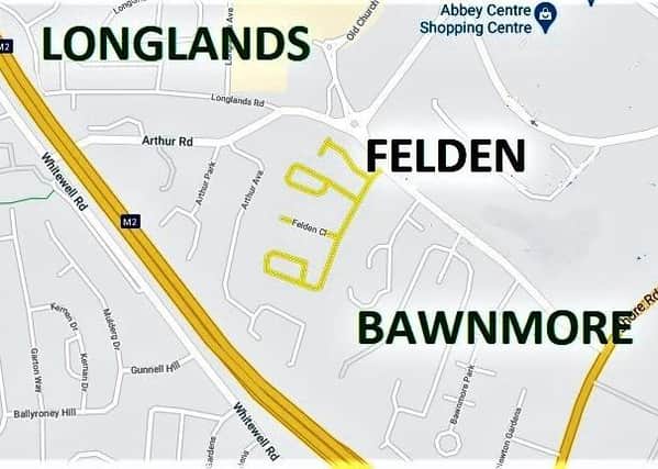 FELDEN (IN YELLOW) SURROUNDED BY LONGLANDS AND BAWNMORE