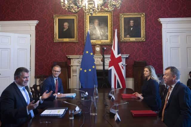 Brexit minister Lord Frost, front right, sitting opposite European Commission vice president Maros Sefcovic,at an EU-UK meeting in London in June. Lord Forst has published a Command Paper about the UK approach to the Northern Ireland Protocol, about which Mr Sefcovic is sceptical
