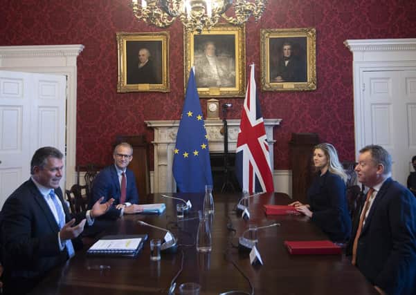 Brexit minister Lord Frost,  front right, sitting opposite European Commission vice president Maros Sefcovic,at an EU-UK meeting in London in June. Lord Forst has published a Command Paper about the UK approach to the Northern Ireland Protocol, about which Mr Sefcovic is sceptical