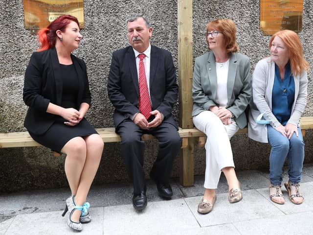 Shadow Secretary of  State Louise Haigh meets with the Ballymurphy families at Springhill Community House in Ballymurphy, Belfast, from left John Teggart, Rita Bonner and Eileen Mc Keown.
 

Photograph by Declan Roughan / Press Eye