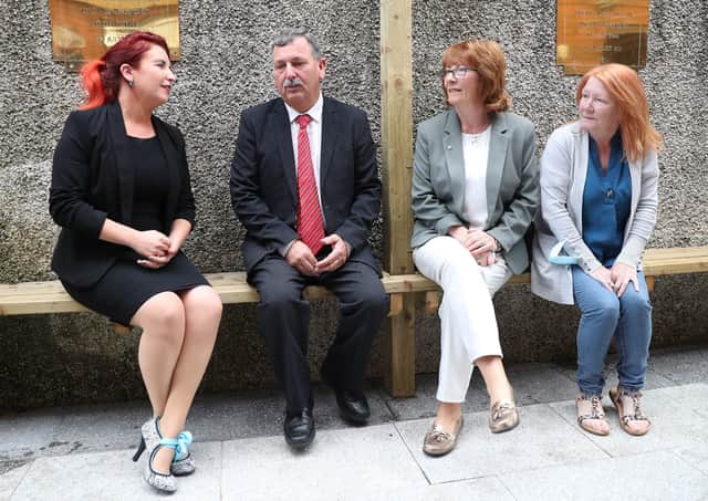 Shadow Secretary of  State Louise Haigh meets with the Ballymurphy families at Springhill Community House in Ballymurphy, Belfast, from left John Teggart, Rita Bonner and Eileen Mc Keown. Photograph by Declan Roughan / Press Eye