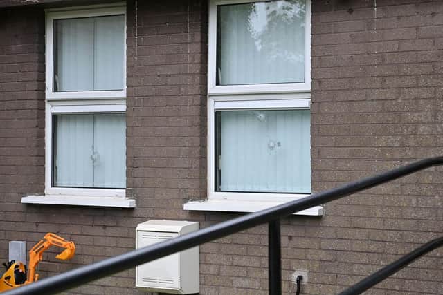 Detectives are appealing for information following a report of shots fired at a property in the Old Colin Road area of Dunmurry on Sunday 15th August night.
The shots were fired at, and through, the door and living room window, causing extensive damage to the property. Pic: PressEye