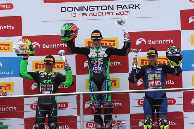 James McManus (left) set a new lap record on his way to a runner-up finish in the second British Junior Supersport race at Donington Park behind race winner Cameron Dawson. Picture: Bonnie Lane.