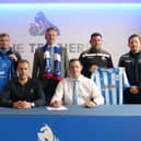 Pictured at the signing of the agreement seated (left to right): Emyr Humphries (Academy Manager Huddersfield Town FC) and David Johnstone (Loughgall FC - Youth Development Manager).
Standing (left to right): James Johnston (LFC Vice Chairman and LFC Youth Chairman), Ernie Smyth (LFC Youth Vice Chairman), Sam Nicholson (LFC Chairman), Dean Smith (LFC 1st Team Manager) and Denver Calvin (LFC Youth Committee Member)