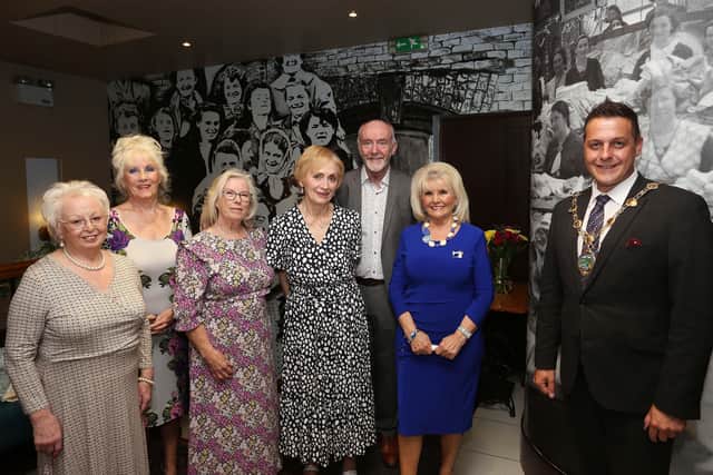 Patrick Durkan and the Mayor Graham warke pictured with group of factory girls,  Isabel Doherty, Irene McCarron, Claire Moore, Mary Doherty and Mary White