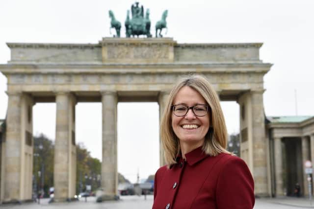 UK ambassador Jill Gallard at the Brandenburg Gate in Berlin
