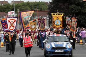 General view of the Centenary Banner Parade in Ballymena.Photograph by Declan Roughan
