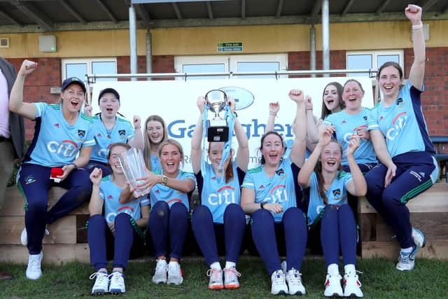 CSNI celebrate after winning today’s Gallagher Women’s Challenge Cup final at The Lawn in Waringstown over North Down. Pic by Pacemaker.