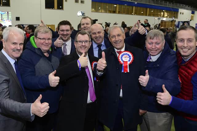 Sir Jeffrey Donaldson (third from left) with supporters after the Lagan Valley MP retained his Westminster seat in 2019. 
Picture: Arthur Allison/Pacemaker Press