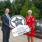Economy Minister Gordon Lyons with Pamela Ballantine and Northern Ireland Hotels Federation (NIHF) President Stephen Meldrum