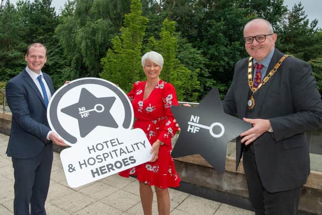 Economy Minister Gordon Lyons with Pamela Ballantine and Northern Ireland Hotels Federation (NIHF) President Stephen Meldrum