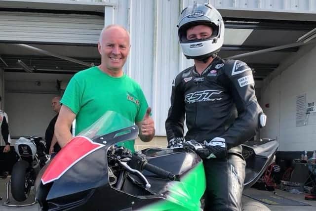 Adam McLean with team boss Ian Lougher and the new 2021 Honda CBR600RR he will race in the National Junior Superstock Championship this season.