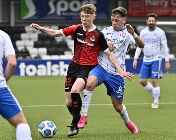 Highly-rated teenager Jack Patterson (left) on show in the Irish League for Crusaders. Pic by INPHO.