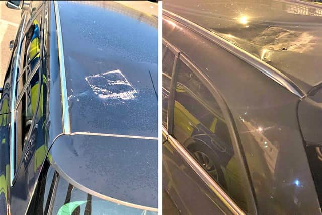 IMAGES FROM POLICE OF THE DAMAGE TO THE ARMOURED CAR ROOF