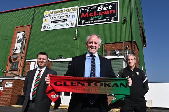 Paul McLean (managing director, BetMcLean, centre) with, from left, Stephen Henderson (Glentoran chairman) and Paul Millar (Glentoran assistant manager) during the announcement of a major sponsorship deal with the Danske Bank Premiership club. Pic by Pacemaker.
